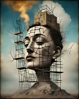 Under Reconstruction, Panfuturism style,Salvador Dali, Paul Klee,Tim Burton; highly detailed, perfect beautiful closed eyes, scaffolding in the sky, cracks, fissures, weathered ancient stone, by Catrin Welz-Stein, Van Gogh, colourful, cinematic, 4k, epic , sharp focus, smoke, sparks, ladders, branches, clouds of steam, by Greg Rutkowski, art station, hyper-realism, painting, concept art of detailed character design, mattea grid, by Jose Comas Quesada, artstation, figurative art, geometric abstra