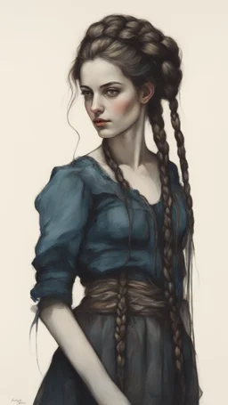 highly detailed, full body oil painting, petite, shyly smiling, woman of Spanish and Lebanese heritage with long dark hair in a single braid, sharply defined angular facial features, anatomic perfection, by Andrea Kowch> <Yoji Shinkawa><Arthur Rackham> <Jean-Giraud Moebius, saturated vibrant natural color tones, precisely drawn and inked, 8k resolution