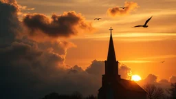 Hyper Realistic Church At The Bottom Left Corner Of The Image With Cloudy Sunrise of about 9 am with silhouettes of few birds flying showing dramatic & cinematic Ambiance.