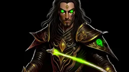 full length, mantle, black background, black with, holding a spear in his hand, dark green eyes, the character is not too close to the camera