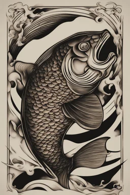 Create a captivating modern 2d ink tattoo design for print , prestigious Sacred Carp using the elegant influences of japan art style, for print, dynamic elements from fashion and design, and bold Japanese contemporary art aesthetics, framing centered in the center, distanced from the edges of the paper perimeter, perfect anatomy, bauhaus, Divine Proportion,