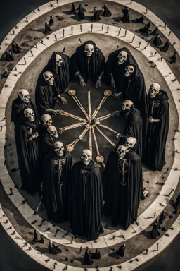 skeletons dressed in long black robes standing in a circle