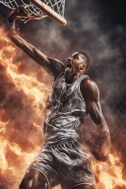 8k, highly realistic and detailed image of a NBA basketball player in action dunking the ball in the net, sweaty hair, screaming look,action and smoke and flames background