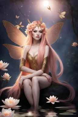 Peach hair , light peach hair, dark,night dark gold,gold,golden,rapunzel hair,dragonflies,water lilies, night,light,,butterflies,elven ears,dark fairy ,night sky,stars,princess,nymph,sparkle,glitter,orchids