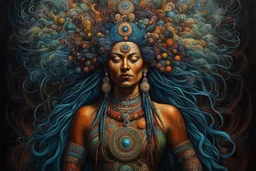 full body portrait painting of a female ayahuasca shaman with intricately detailed hair and facial features, traversing the multiverse of transformative and expanded consciousness, highly detailed in the surrealist style of Max Ernst and Bill Carman, sharply defined and detailed, 4k in dark moody natural colors