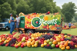 Captivating photo of a large truck full of variety of fresh fruits. The truck's exterior is adorned with an eye-catching "Fruits Express" logo. The fruits spill out of the truck, creating a large carpet of fruits on the grass, around them there are people from various backgrounds collecting the fruits with enthusiasm. The atmosphere is one of joy and happiness, with a clear summer sky.