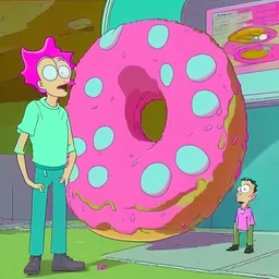 Morty staring at a giant pink donut, while Rick explains his plan to steal the recipe of the Krusty Burgers.