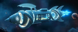 celtic knot hollow tube transparent core ornate indented space ship, shiny bright mega ship flourescent white blue like bubble gum with a few big windows and decks, interdimensional twister, rock against colored spaced fog, space interior. split tail, winged serpent, glowing aura