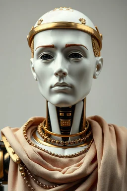 an automaton, a mechanical man, made of ivory porcelain skin, with bronze gold trims, doll-like features, dressed in classical greek clothes, empty black eyes and unexpressive face, full figure, photorealism