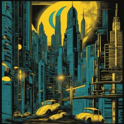 trompe l'oeil illusionistic detail, woodblock stamp print, twilight in the city, skyscrapers, neon lights, crescent moon, graffiti walls, poster art, cyberpunk, dramatic futuristic city-punk, yellow - cyan - black - midnight blue colors.