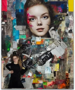 happy beautiful girl holding big proffesional camera in studio. street art, oil on canvas, spray paint, collage, letters, newspapeers, Dave McKean, Vladimir Fedotko, Saturno Butto, Vaughn Bodé, Frank Wu, James C. Christensen, collage, dirty, paint dripping, radiant