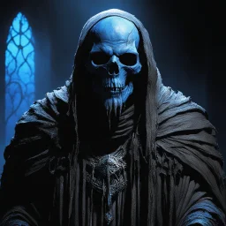 The thing moves again, emerging fully from the shadows. It is a wight—a walking corpse of immense size, its body wrapped in the tattered remains of priestly robes, gray with age and decay. The cloth flutters as it moves, revealing glimpses of bone beneath. Its head is a featureless skull with glowing blue light where the eyes should be, casting a faint azure radiance over the snow. As it drags itself forward, its joints grind audibly, the sound like stone grinding on stone.