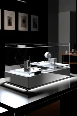 Prompt court pour une diffusion stable basée sur la description : "Imagine a stable broadcast featuring a high-quality, transparent plexiglass album display. This artistic piece provides exceptional transparency and increased durability. With an intuitive touch surface, users can easily navigate integrated features. Discreet, high-quality speakers seamlessly integrated deliver rich, immersive sound, complemented by Bluetooth connectivity for personalized audio experiences. The intuitive touch i