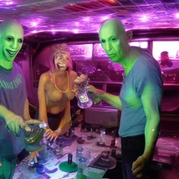 Gina Strippoli brian anwander and Steve Moretti with aliens drinking beer in a mothership