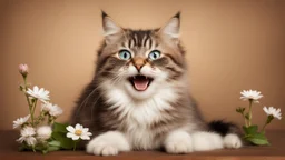 laughing cat on the Broun background with little flower