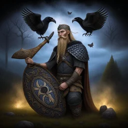 European pagan art with nature and runes and ravens and swedish flag and realistic viking warrior with an axe