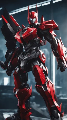 A close picture to Mix between machine and batman in transformers cyborg with black metal and red armor in solo leveling shadow art style with red details detailsis in fantasy world