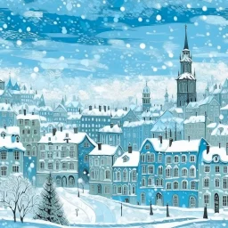 A cyan city in winter season with falling snowflakes designed in Scandinavian folk art painted by Claude Monet
