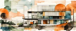 Create a slightly abstract illustration with panoramic technical bauhaus architectural drawings , primarily in black, raw collage artwork, offwhite background color, green garden and blue skies in watercolor strokes. rusty orange muted color shades