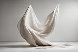Minimal sculpture, floating waste fabrics, simple space, poetic movement, abstract emotion, beautyfull feeling