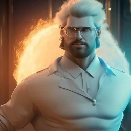 large superhero man wearing a white shirt, big belly, puffed out blonde hair, standing in a bar, illumination, brilliant coloring, smooth, sharp focus, crispy quality, vray; Artstation; HD, HDR, SF, CGSociety, 16k, photorealistic, unreal engine