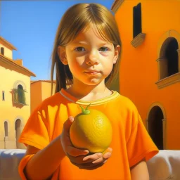 Neoclassicism child holding an orange painting yellow realistic cote d'azur