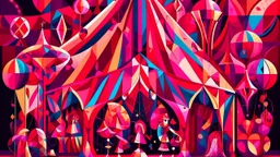 A magenta circus with beaming magic in cubism art style