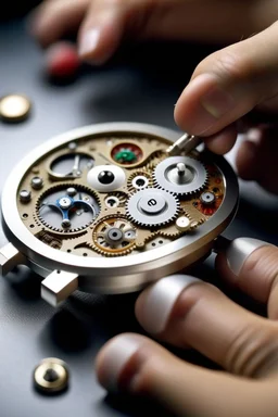 Highlight the craftsmanship of a jump hour watch by capturing the watchmaker's skilled hands working on its intricate components.""