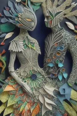 Surreal couple wearing designer outfits made of insanely detailed quilling including metal, mirrors, feathers, foliage, flowers, leather, buttons, jewels, twigs, plastics, glitter, shells, fabrics, twine, and thread