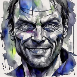 dnd, fantasy, watercolour, large strokes, stylistic, portrait, face in frame fully, illustration, very dull black grey colours, male, face, sturdy wide face, weathered face, sly, violent, evil, ruthless, vicious, smiling