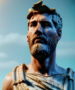 Ultra Realistic image, roman sculpture, marble deluxe material, Lionel Messi, gold Laurel leaves crown model, miguel angel style, chisel style, emperador, waist up portrait, cinematic lighting, God light, god rays, 4k resolution, smooth details, ornate details, soft lighting, unreal engine 5, sky background.