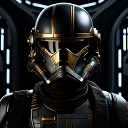 star wars bald male corellian pilot wearing gunmetal grey and black First Order armored special forces TIE pilot flightsuit and helmet with gold trim inside the jedi temple, centered head and shoulders portrait, hyperdetailed, dynamic lighting, hyperdetailed background, 8k resolution, volumetric lighting, fully symmetric details