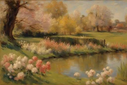 amazing sunny spring day, trees, flowers, fence, little pond, philip wilson steer impressionism painting