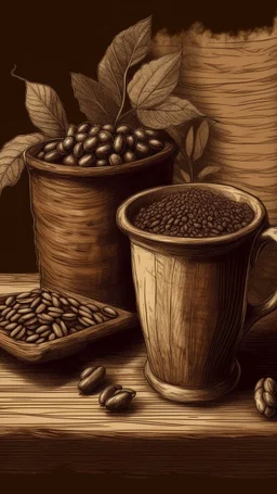 rustic organic coffee, digital painting, line art