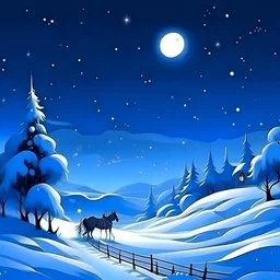 Зимний пейзаж. Равнина, сугробы искрящегося воздушного снега. Тёмная ночь, небо усыпано звёздами, полнолуние. Снег падает на землю. Вдали кто-то едет на санях, запряжённых лошадьми. Впечатляющая картинка. Рисунок. Мультяшный стиль.