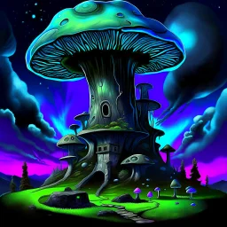 A fantabulous black, blue and green (((mushroom tower house))) erected atop a (geologic pillar), surrounded by the uncanny imaginative ((( swirling skies))), offset by the stark hues of a (neon-tinged nebulous space scape), within. captured by the hand a skilled master painter with a focus on (softly blurred compositions and voluminous lighting).