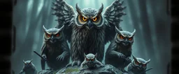 bad ass Owlbears overlord with some kobolds, hyperrealism, motion blur background with black film strips