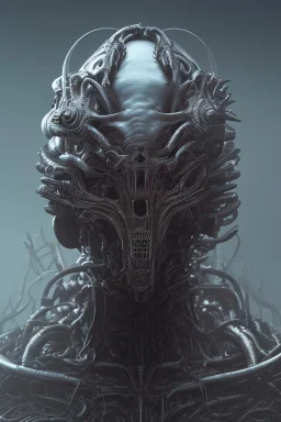 evil predator with crown, alien, brutal face, tron, head, burn eyes, 8k, finely detailed, dark light, photo realistic, hr giger, cyberpunk