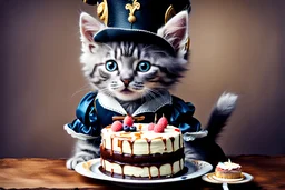 grey kitten musketeer with cake