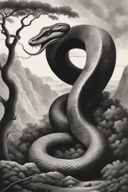 "image_description": "overall_scene": "A vintage-style monochromatic illustration depicting a giant snake against a vast, atmospheric landscape backdrop.", "foreground": "serpent": "description": "A giant snake coils around a giant tree. Its scales are highly detailed, and its form is imposing and powerful.", "details": "The snake's body is wrapped around the thick branches of the tree, illustrating its immense size and strength." "background": "landscape": "descrip