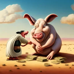 piggish cloven foot lying on stacks of money making a deal with bugs bunny in a middle of a desert