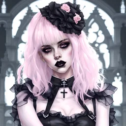 an outfit design that blends streetwear and gothic with frills, black and pastel pink theme, gothic cross incorporated, photorealistic