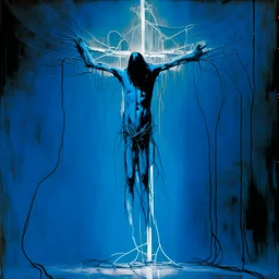 Minimal abstract oil painting of a jesus christ limbs sinew twisted . Background of bright blue with random words. hanging wires illuminated at night. In the style of Justin Mortimer and Phil Hale and Ashley Wood