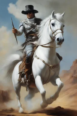 an extremely graphic depiction of the Lone Ranger riding his white horse, oil painting by Boris Vallejo