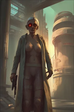 cyberpunk saggy granny woman, abandoned sci-fi town, future, sci-fi