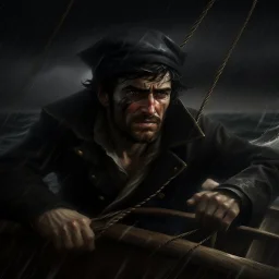 The angry black haired "Boatsman" at the ships helm on a stormy sea realistic grimdark