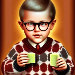 Peter Billingsley chubby kid glasses, holding A ((dark red soap bar)) in his hand, brown argyle sweater