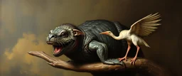 master oil painting by Rembrandt, creature from before the dinosaur alien seal gremlin munchin on a stork
