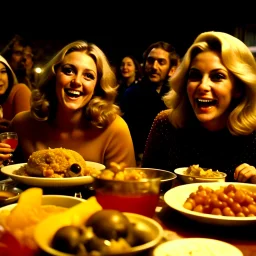 Comedy movie shot, happy, hot, ultra realistic, dine, horns, ultra realistic hot blonde women, party, pieces of meat, organs, ail, dynamic, very excited people, hypermaximalist figures, light, 1970's Italian comedy movie, lively, ornate, 4k, photorealism