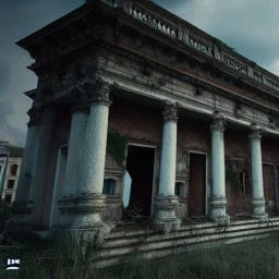 Abandoned baroque building, overgrown, statues, fallen roofs, highly detailed, octane render.